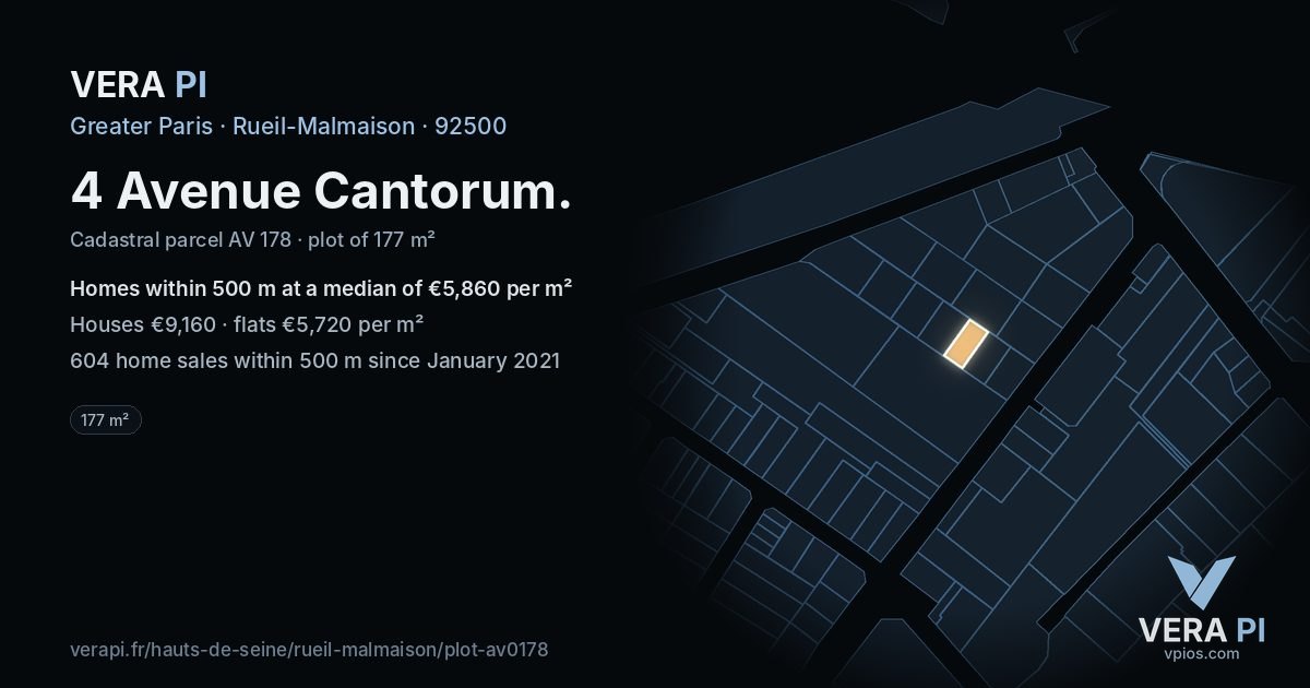 4 Avenue Cantorum, Rueil-Malmaison at night – the plot lit, the parcels around coloured by the prices near them