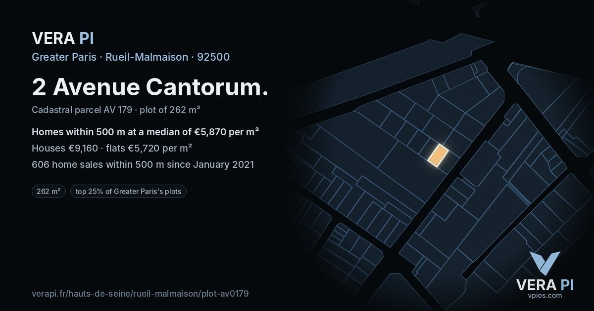 2 Avenue Cantorum, Rueil-Malmaison at night – the plot lit, the parcels around coloured by the prices near them