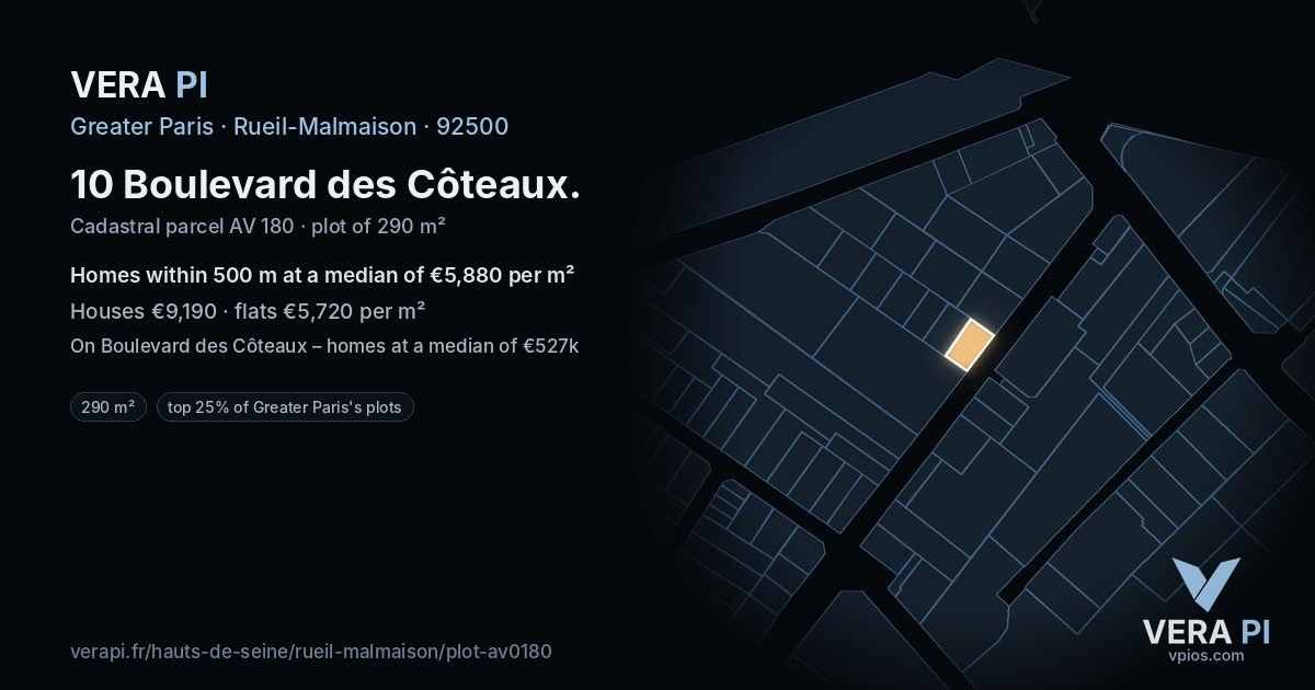 10 Boulevard des Côteaux, Rueil-Malmaison at night – the plot lit, the parcels around coloured by the prices near them