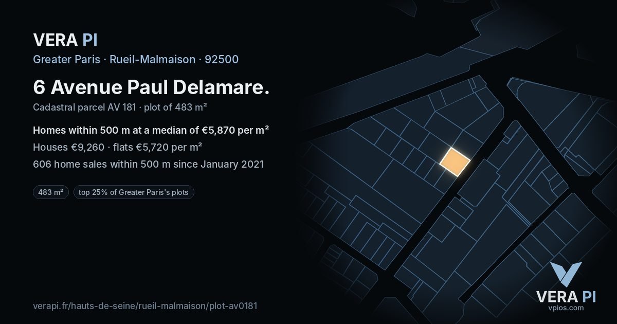 6 Avenue Paul Delamare, Rueil-Malmaison at night – the plot lit, the parcels around coloured by the prices near them