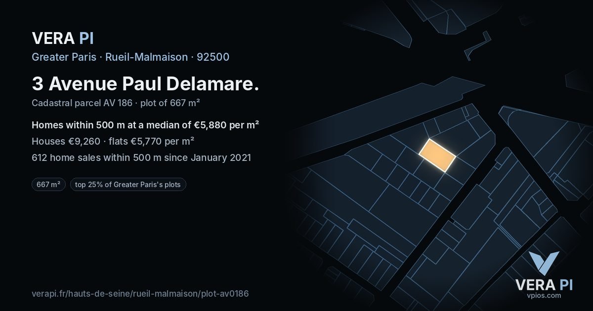 3 Avenue Paul Delamare, Rueil-Malmaison at night – the plot lit, the parcels around coloured by the prices near them