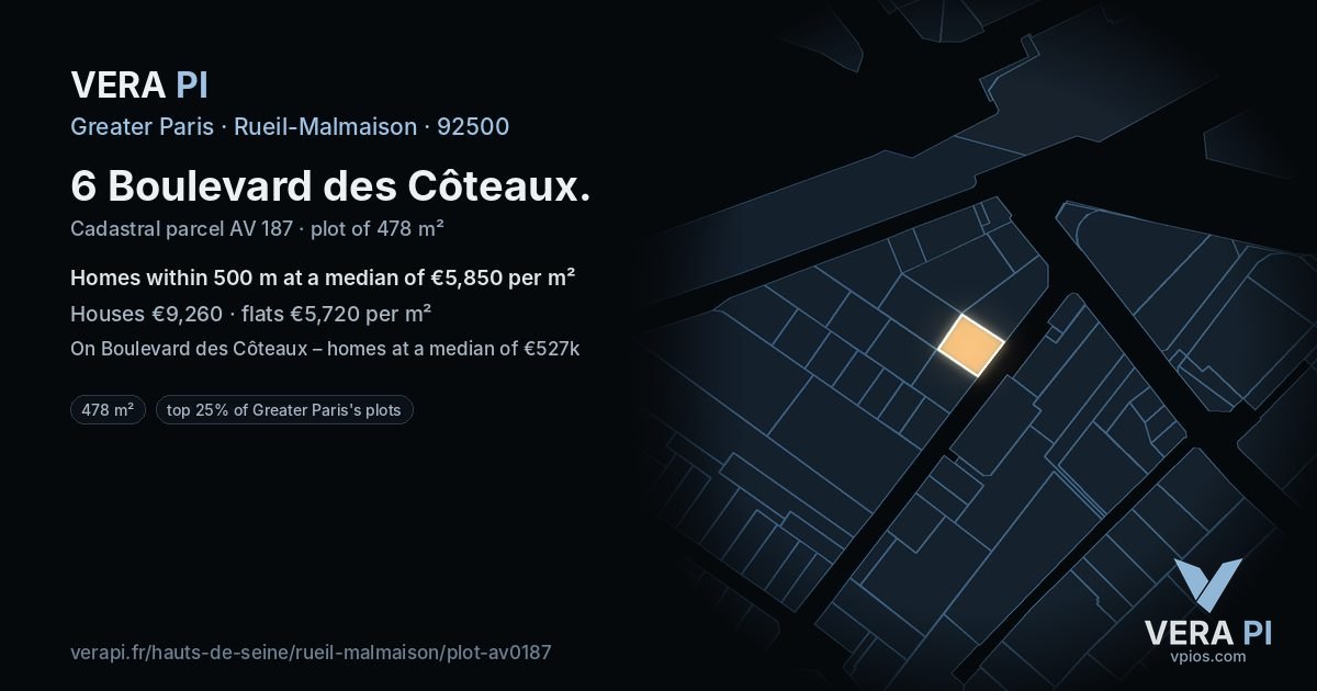 6 Boulevard des Côteaux, Rueil-Malmaison at night – the plot lit, the parcels around coloured by the prices near them