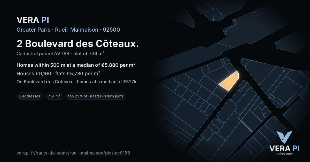2 Boulevard des Côteaux, Rueil-Malmaison at night – the plot lit, the parcels around coloured by the prices near them