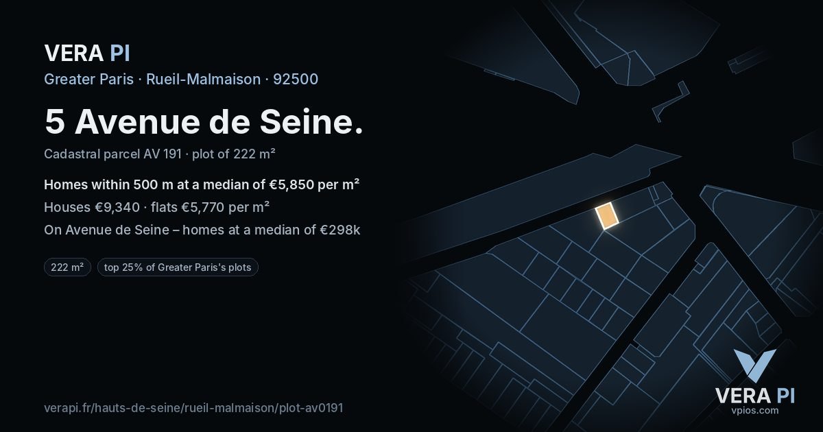 5 Avenue de Seine, Rueil-Malmaison at night – the plot lit, the parcels around coloured by the prices near them