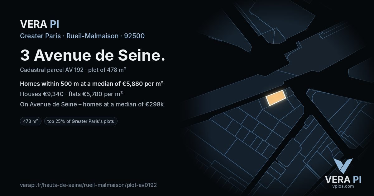 3 Avenue de Seine, Rueil-Malmaison at night – the plot lit, the parcels around coloured by the prices near them