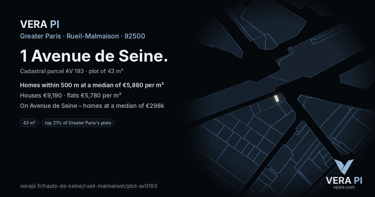 1 Avenue de Seine, Rueil-Malmaison at night – the plot lit, the parcels around coloured by the prices near them