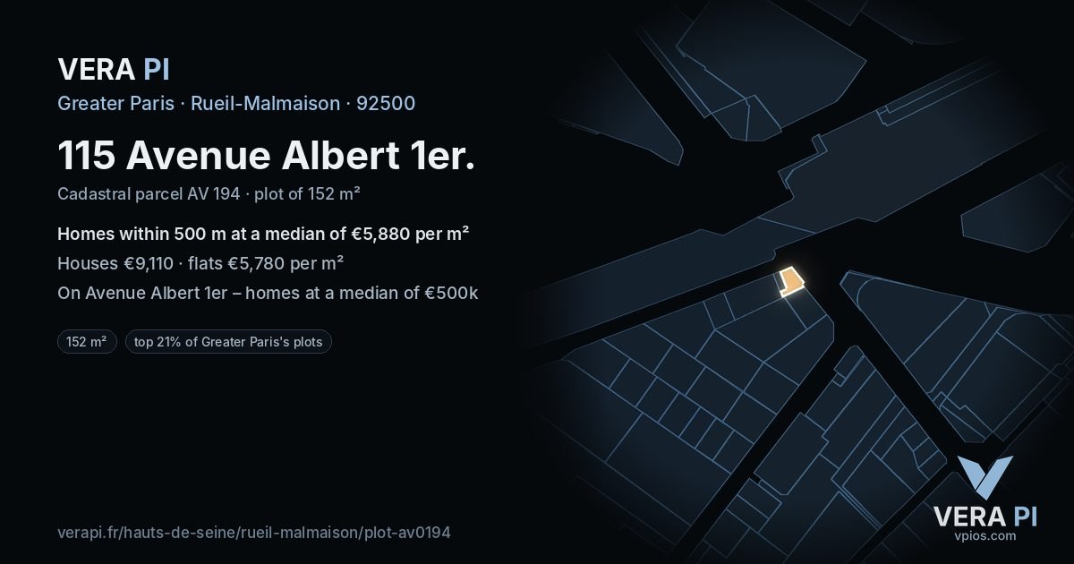 115 Avenue Albert 1er, Rueil-Malmaison at night – the plot lit, the parcels around coloured by the prices near them