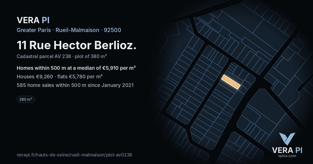 11 Rue Hector Berlioz, Rueil-Malmaison at night – the plot lit, the parcels around coloured by the prices near them
