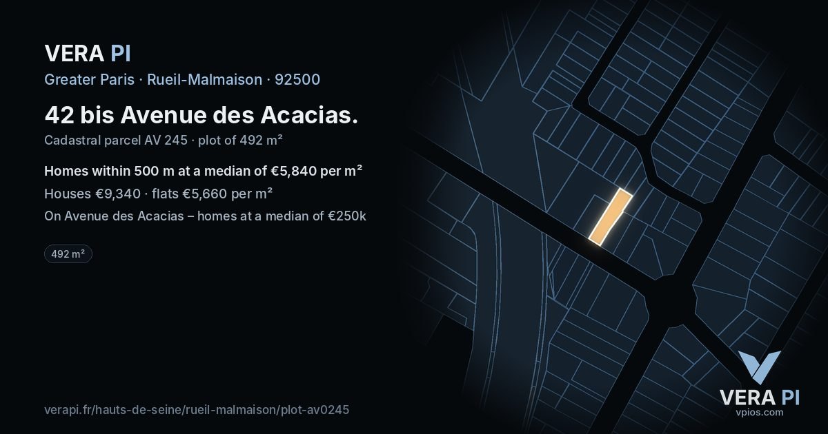 42 bis Avenue des Acacias, Rueil-Malmaison at night – the plot lit, the parcels around coloured by the prices near them