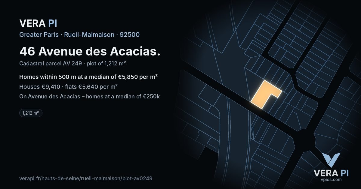 46 Avenue des Acacias, Rueil-Malmaison at night – the plot lit, the parcels around coloured by the prices near them