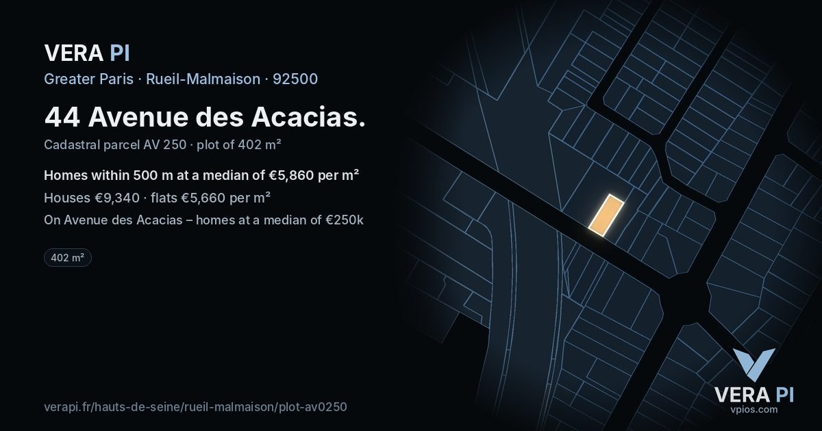 44 Avenue des Acacias, Rueil-Malmaison at night – the plot lit, the parcels around coloured by the prices near them