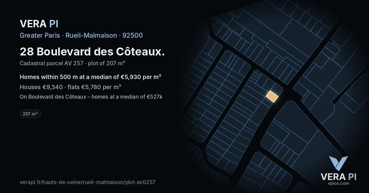 28 Boulevard des Côteaux, Rueil-Malmaison at night – the plot lit, the parcels around coloured by the prices near them