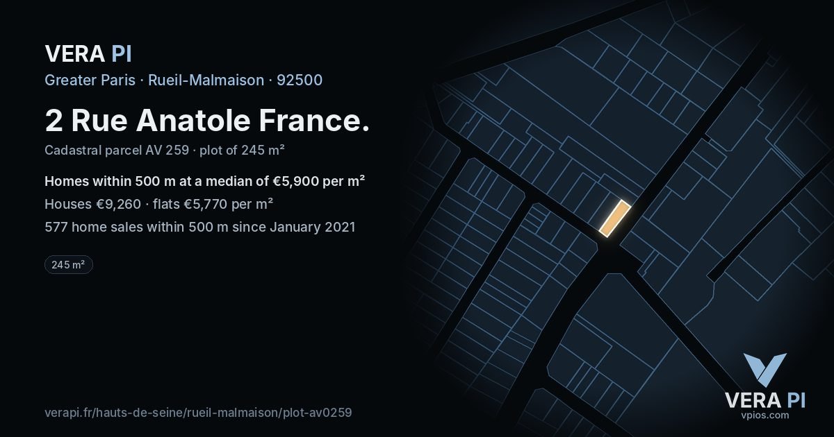 2 Rue Anatole France, Rueil-Malmaison at night – the plot lit, the parcels around coloured by the prices near them