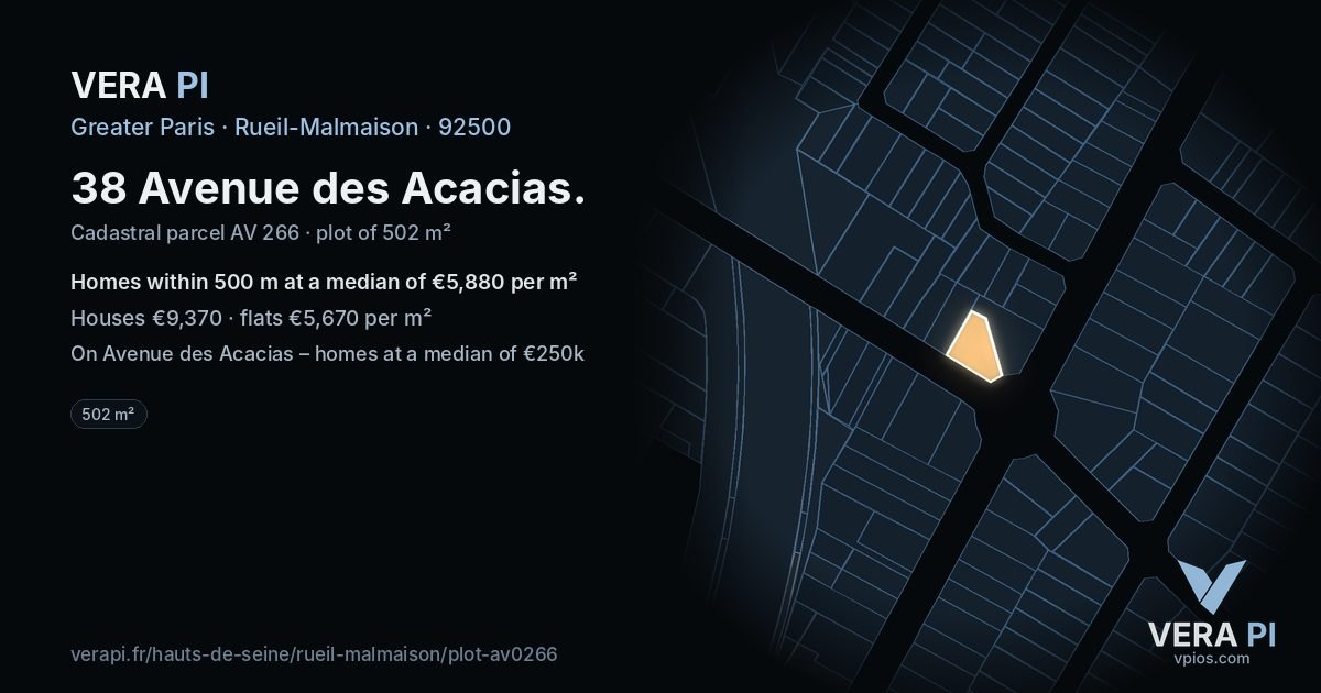38 Avenue des Acacias, Rueil-Malmaison at night – the plot lit, the parcels around coloured by the prices near them