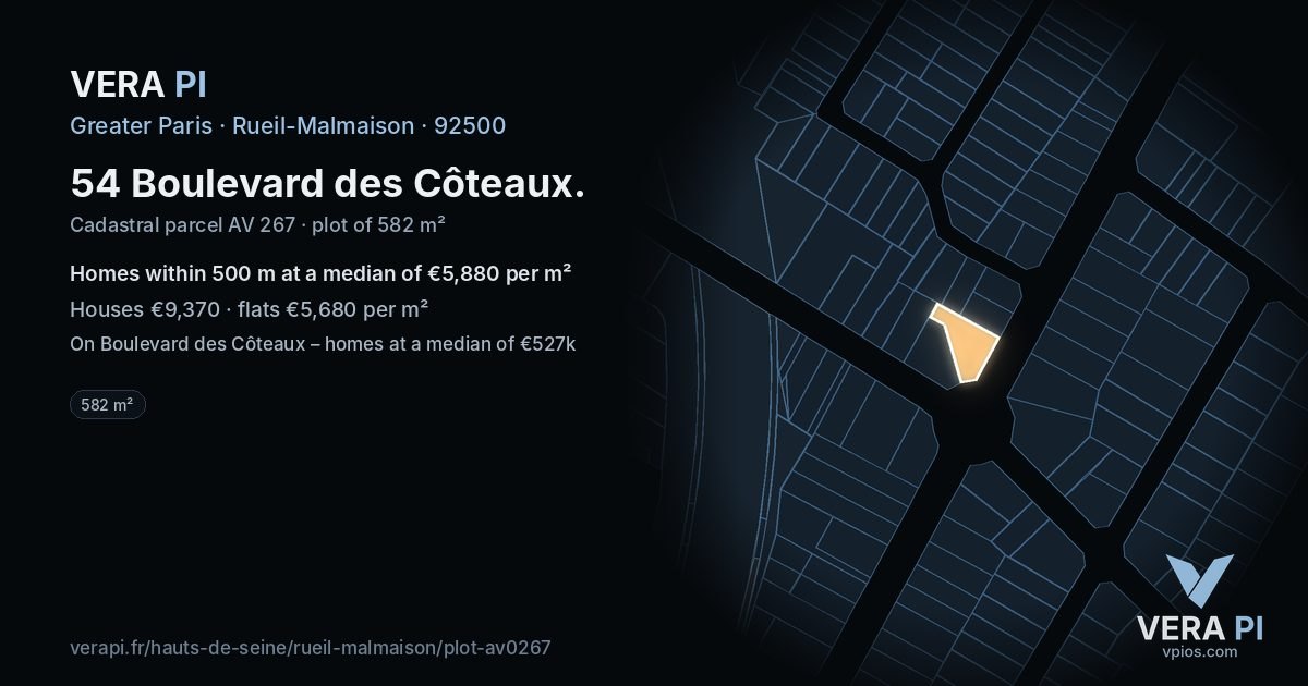 54 Boulevard des Côteaux, Rueil-Malmaison at night – the plot lit, the parcels around coloured by the prices near them