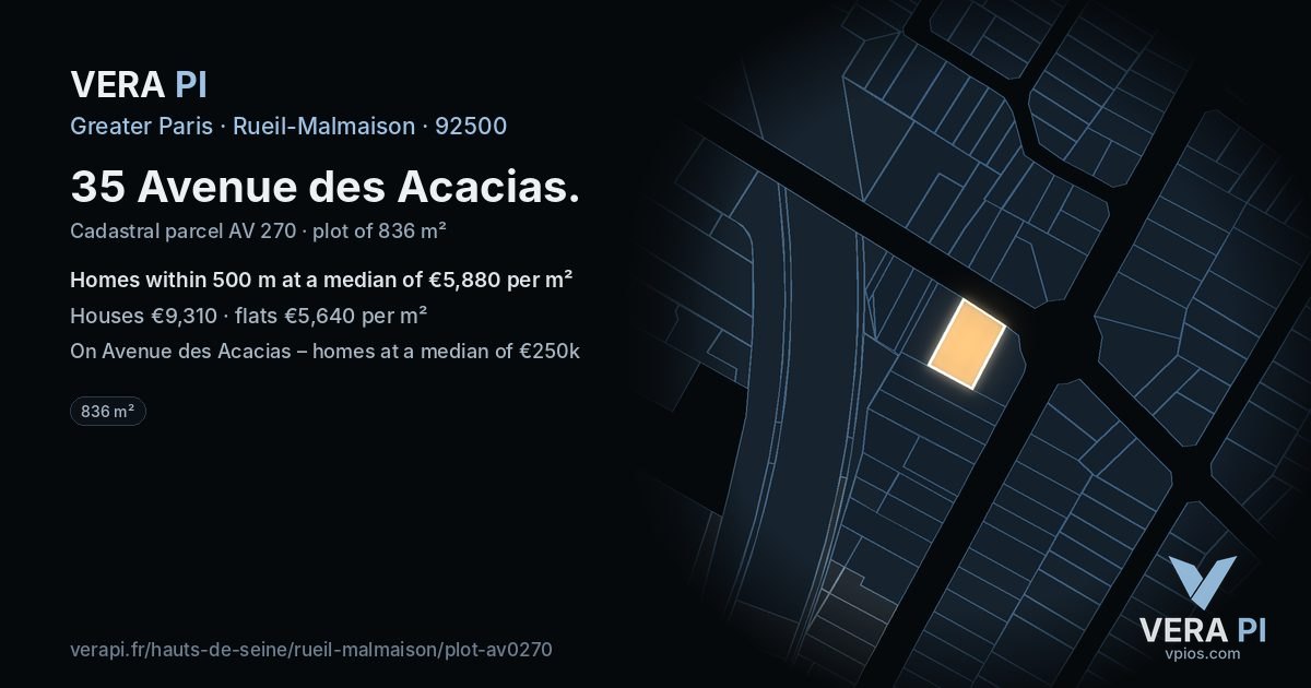 35 Avenue des Acacias, Rueil-Malmaison at night – the plot lit, the parcels around coloured by the prices near them