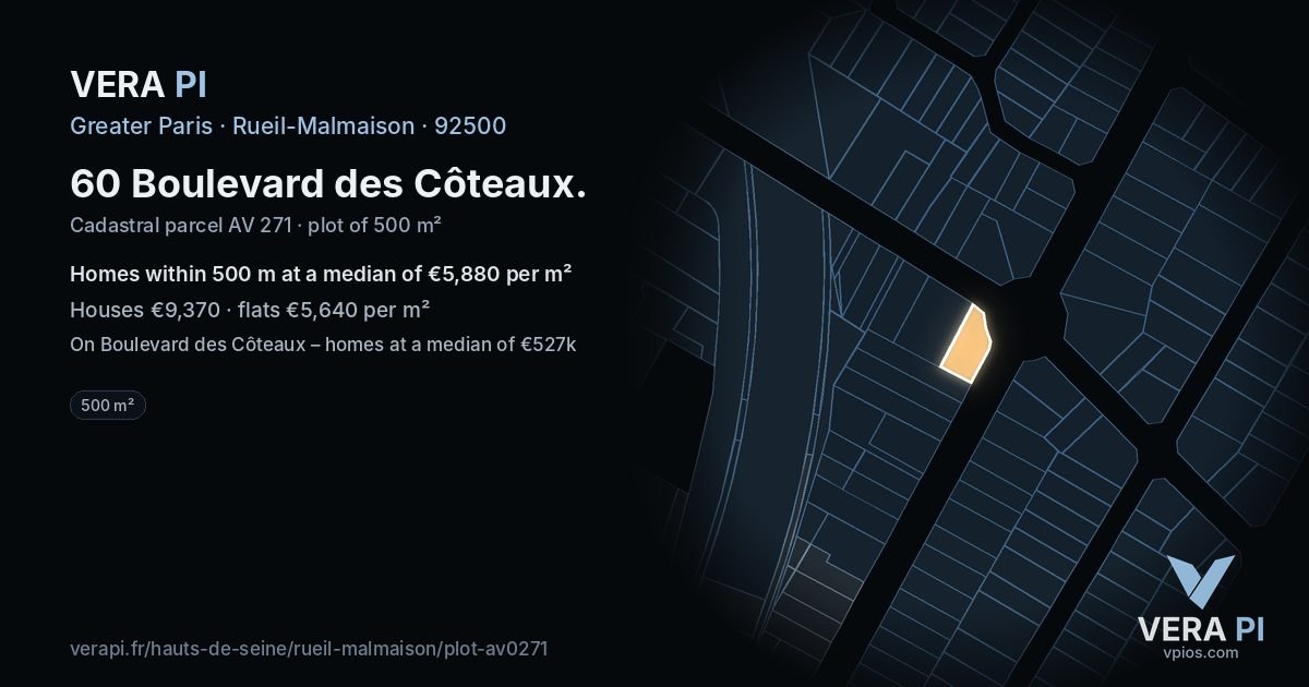 60 Boulevard des Côteaux, Rueil-Malmaison at night – the plot lit, the parcels around coloured by the prices near them