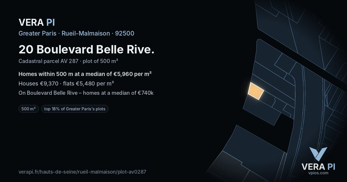 20 Boulevard Belle Rive, Rueil-Malmaison at night – the plot lit, the parcels around coloured by the prices near them