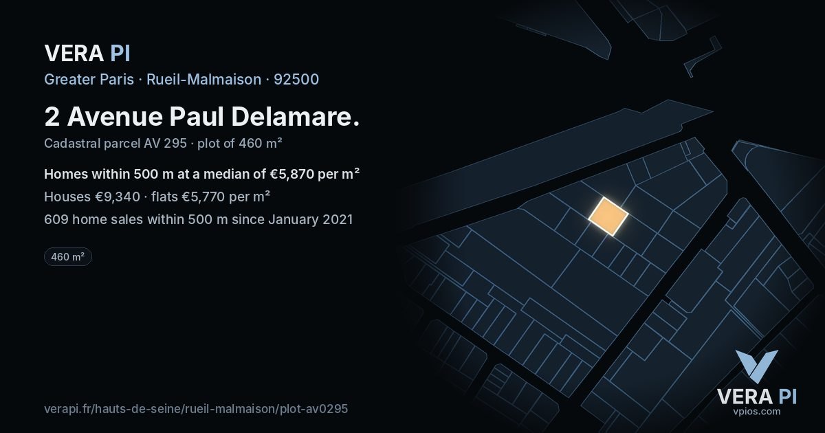 2 Avenue Paul Delamare, Rueil-Malmaison at night – the plot lit, the parcels around coloured by the prices near them