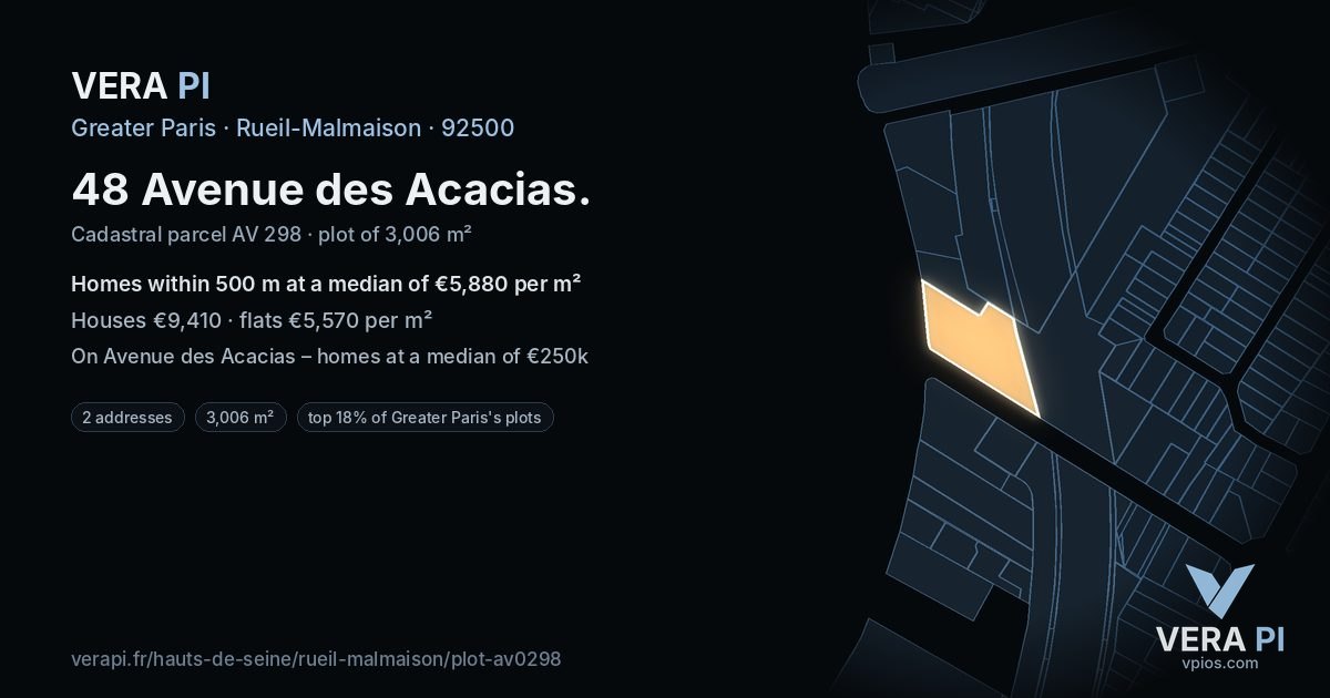 48 Avenue des Acacias, Rueil-Malmaison at night – the plot lit, the parcels around coloured by the prices near them