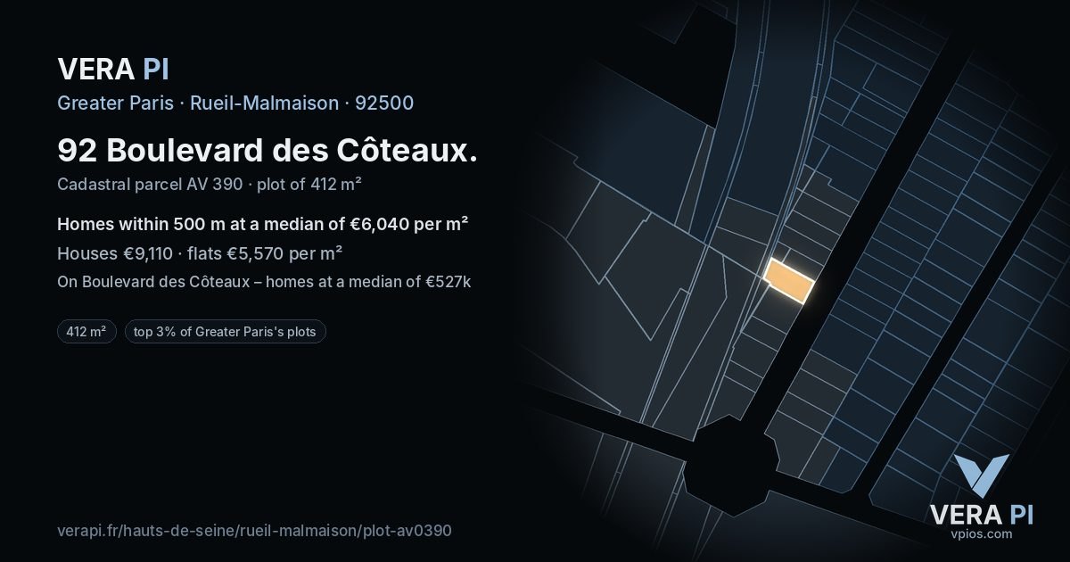 92 Boulevard des Côteaux, Rueil-Malmaison at night – the plot lit, the parcels around coloured by the prices near them