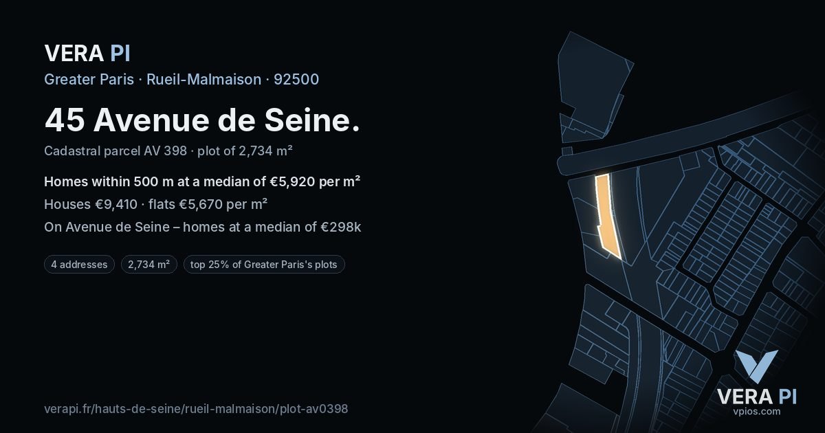 45 Avenue de Seine, Rueil-Malmaison at night – the plot lit, the parcels around coloured by the prices near them