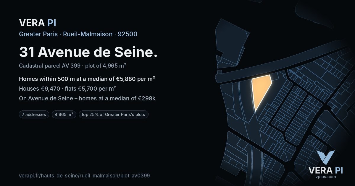 31 Avenue de Seine, Rueil-Malmaison at night – the plot lit, the parcels around coloured by the prices near them