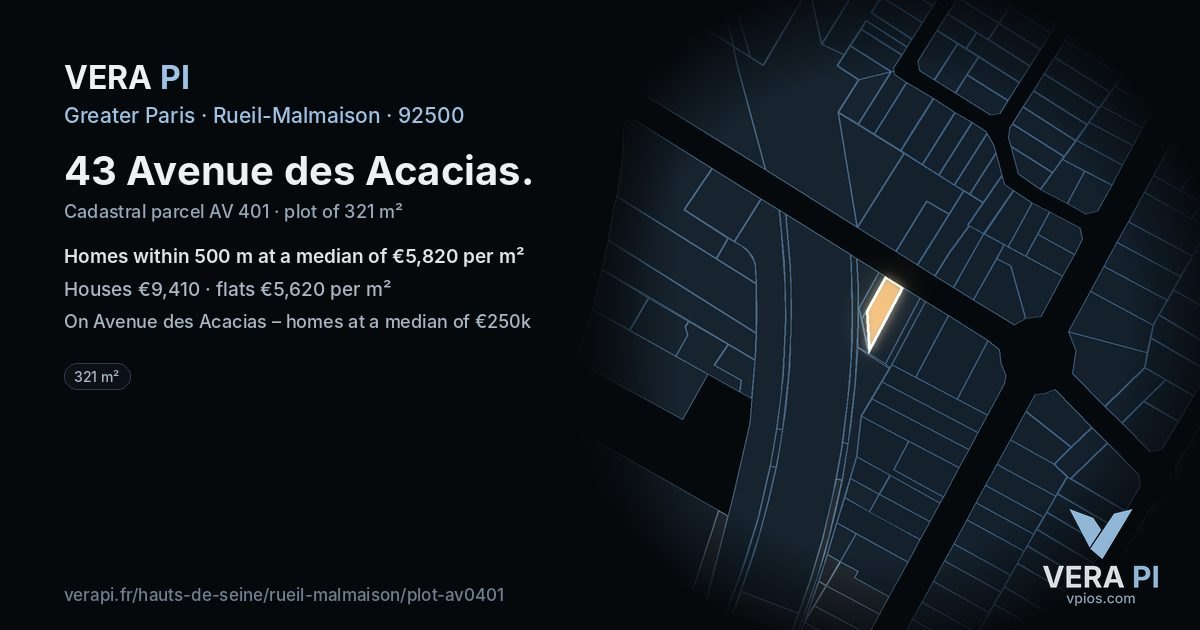 43 Avenue des Acacias, Rueil-Malmaison at night – the plot lit, the parcels around coloured by the prices near them