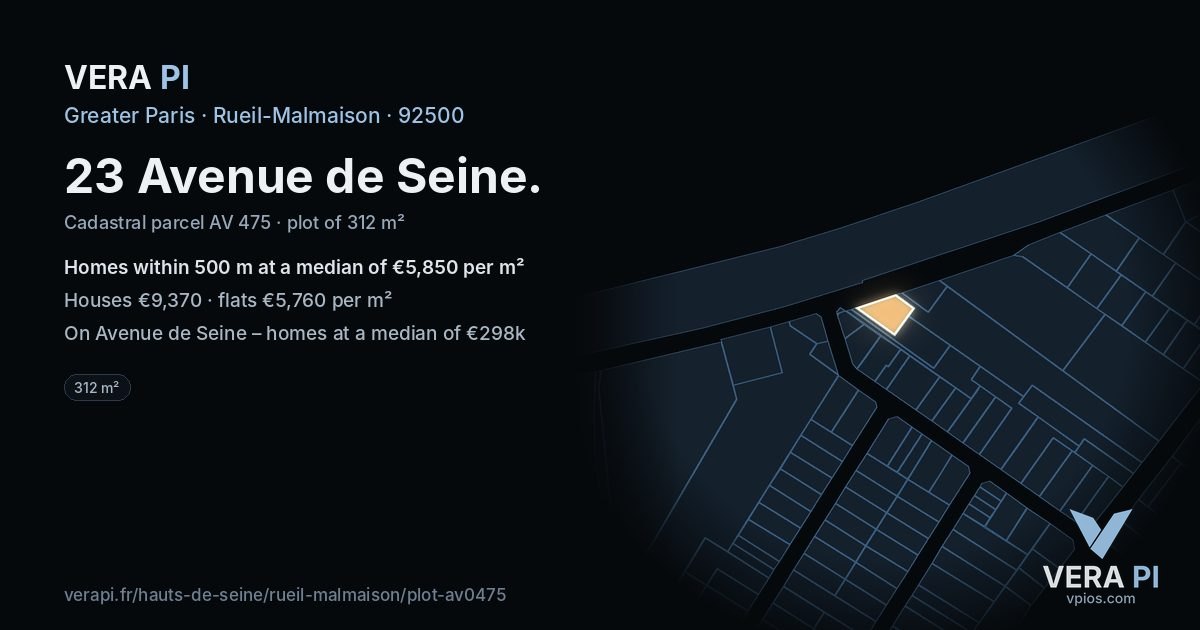 23 Avenue de Seine, Rueil-Malmaison at night – the plot lit, the parcels around coloured by the prices near them