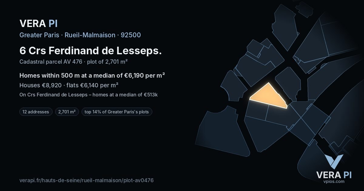 6 Crs Ferdinand de Lesseps, Rueil-Malmaison at night – the plot lit, the parcels around coloured by the prices near them