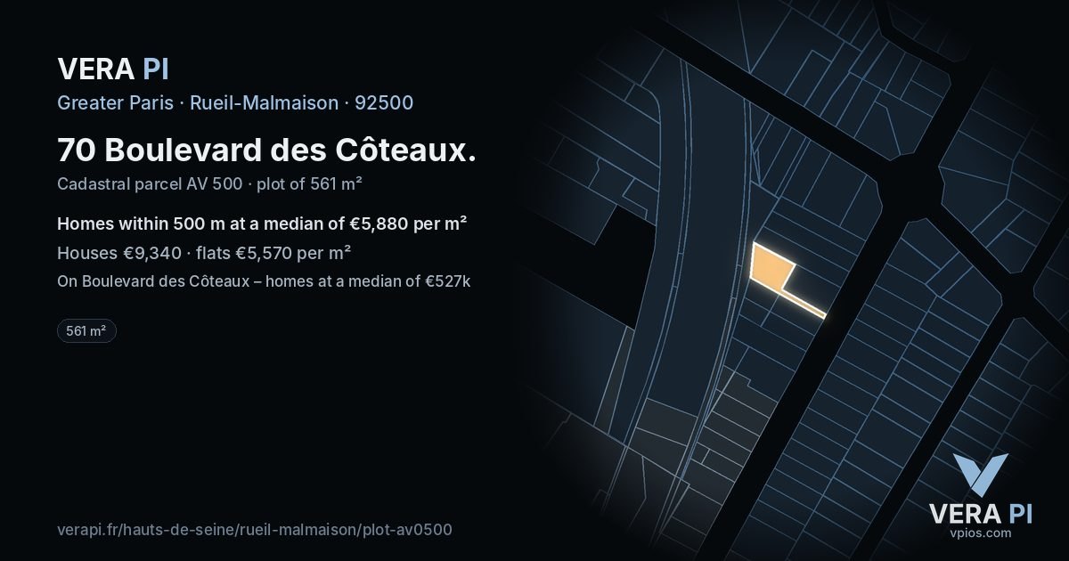 70 Boulevard des Côteaux, Rueil-Malmaison at night – the plot lit, the parcels around coloured by the prices near them