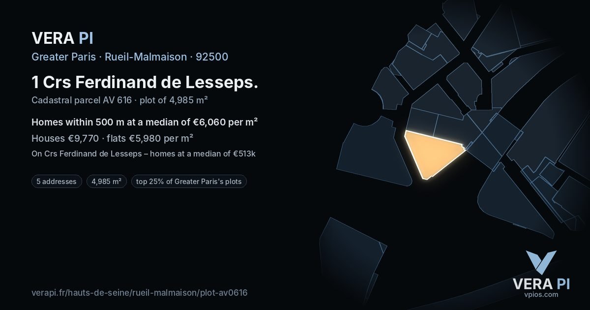 1 Crs Ferdinand de Lesseps, Rueil-Malmaison at night – the plot lit, the parcels around coloured by the prices near them