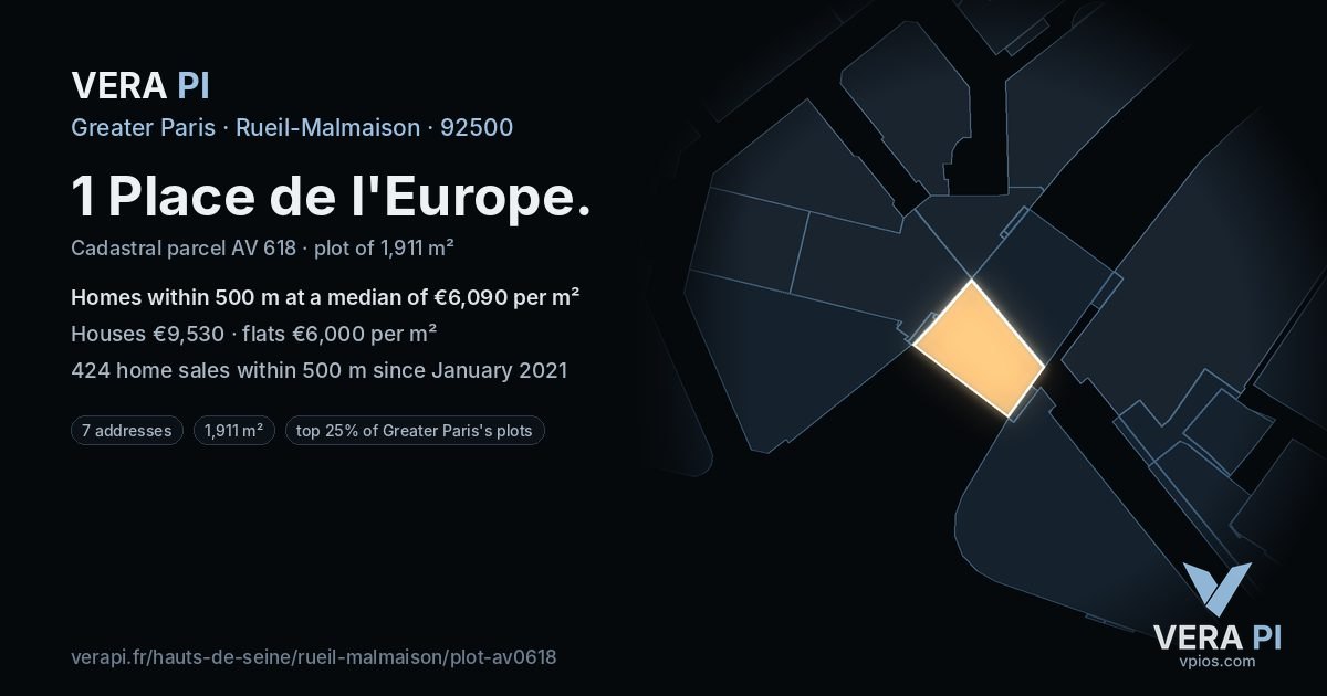 1 Place de l'Europe, Rueil-Malmaison at night – the plot lit, the parcels around coloured by the prices near them