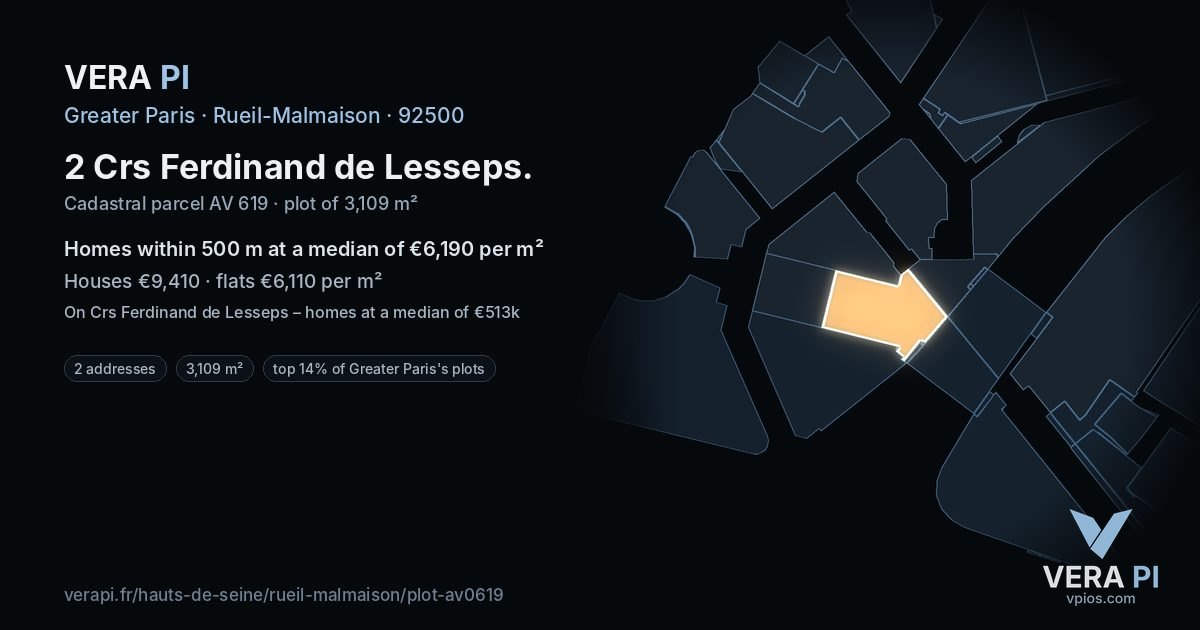 2 Crs Ferdinand de Lesseps, Rueil-Malmaison at night – the plot lit, the parcels around coloured by the prices near them