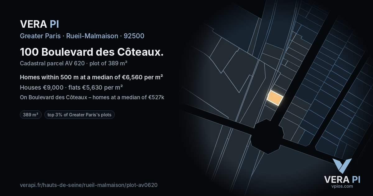 100 Boulevard des Côteaux, Rueil-Malmaison at night – the plot lit, the parcels around coloured by the prices near them