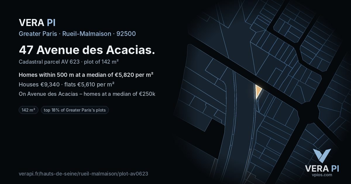 47 Avenue des Acacias, Rueil-Malmaison at night – the plot lit, the parcels around coloured by the prices near them