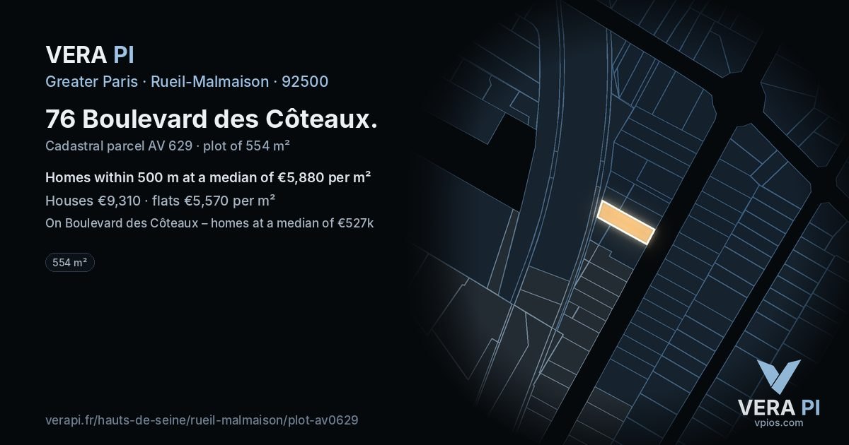 76 Boulevard des Côteaux, Rueil-Malmaison at night – the plot lit, the parcels around coloured by the prices near them