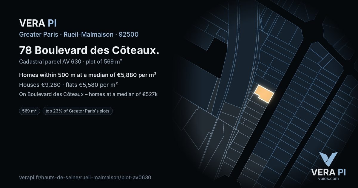 78 Boulevard des Côteaux, Rueil-Malmaison at night – the plot lit, the parcels around coloured by the prices near them