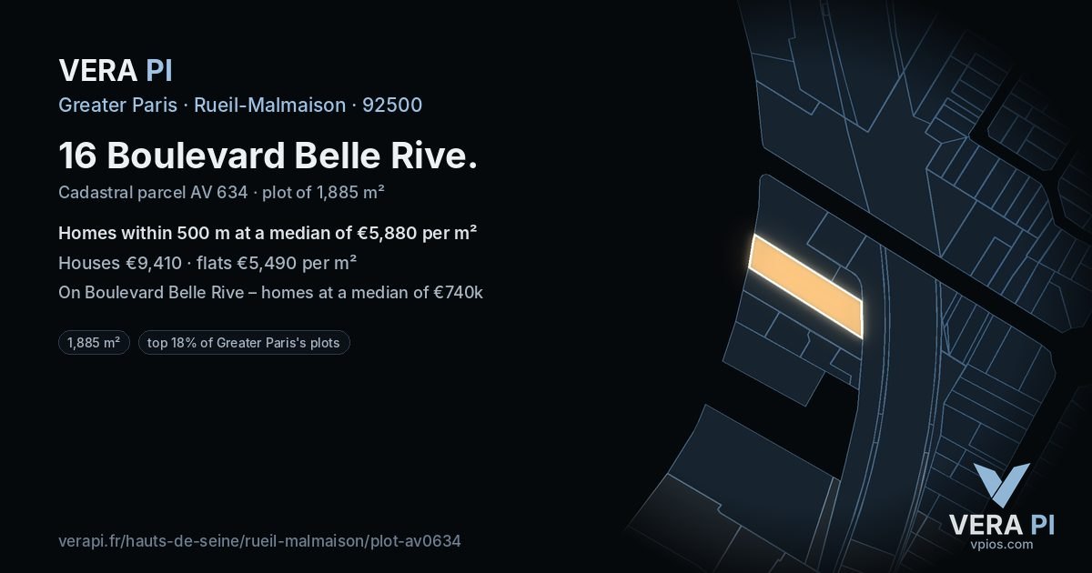 16 Boulevard Belle Rive, Rueil-Malmaison at night – the plot lit, the parcels around coloured by the prices near them