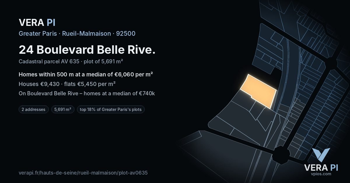24 Boulevard Belle Rive, Rueil-Malmaison at night – the plot lit, the parcels around coloured by the prices near them
