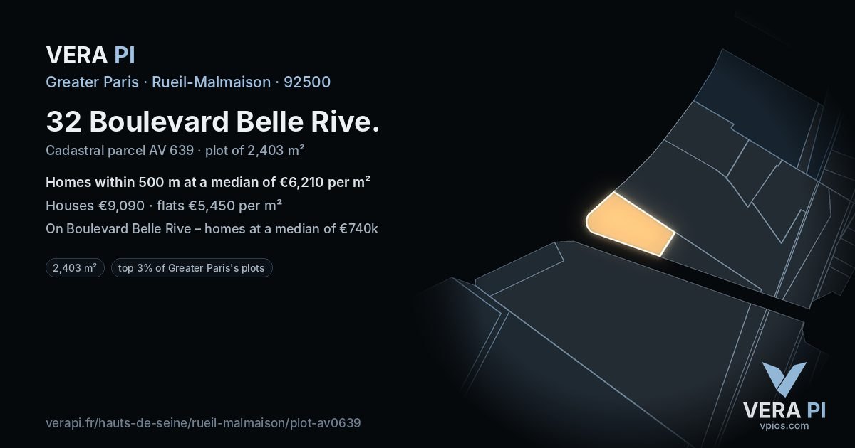 32 Boulevard Belle Rive, Rueil-Malmaison at night – the plot lit, the parcels around coloured by the prices near them