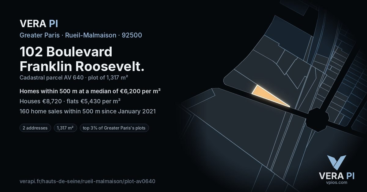 102 Boulevard Franklin Roosevelt, Rueil-Malmaison at night – the plot lit, the parcels around coloured by the prices near them