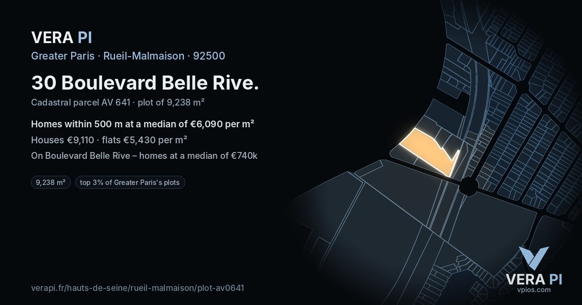 30 Boulevard Belle Rive, Rueil-Malmaison at night – the plot lit, the parcels around coloured by the prices near them