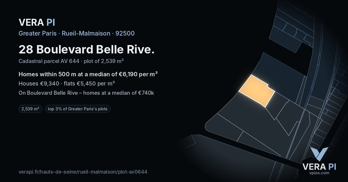 28 Boulevard Belle Rive, Rueil-Malmaison at night – the plot lit, the parcels around coloured by the prices near them