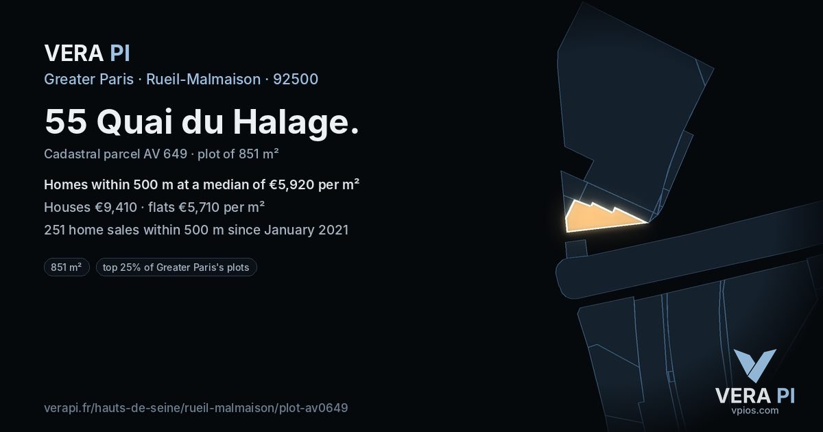 55 Quai du Halage, Rueil-Malmaison at night – the plot lit, the parcels around coloured by the prices near them