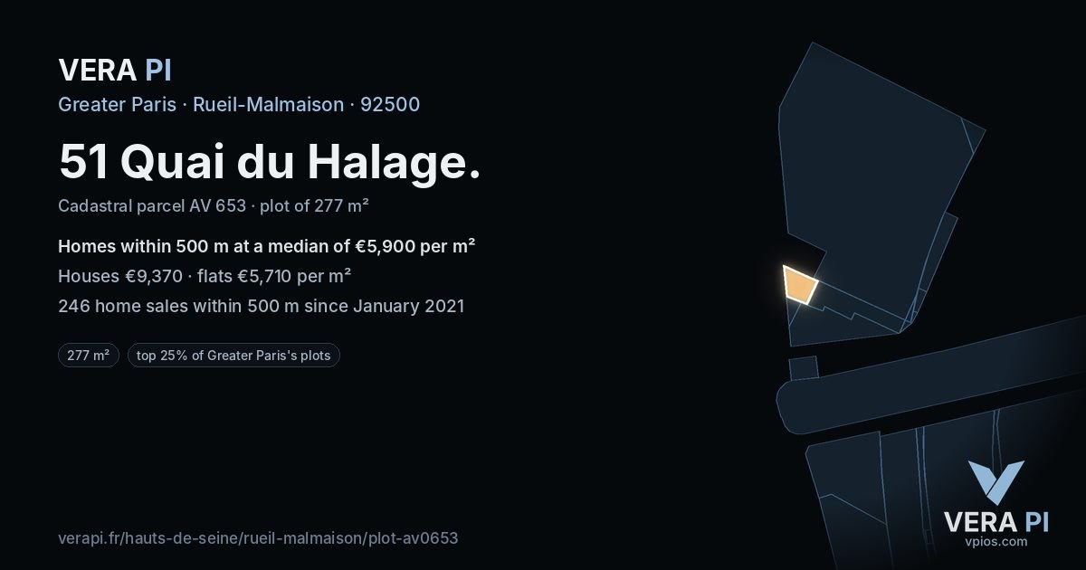 51 Quai du Halage, Rueil-Malmaison at night – the plot lit, the parcels around coloured by the prices near them