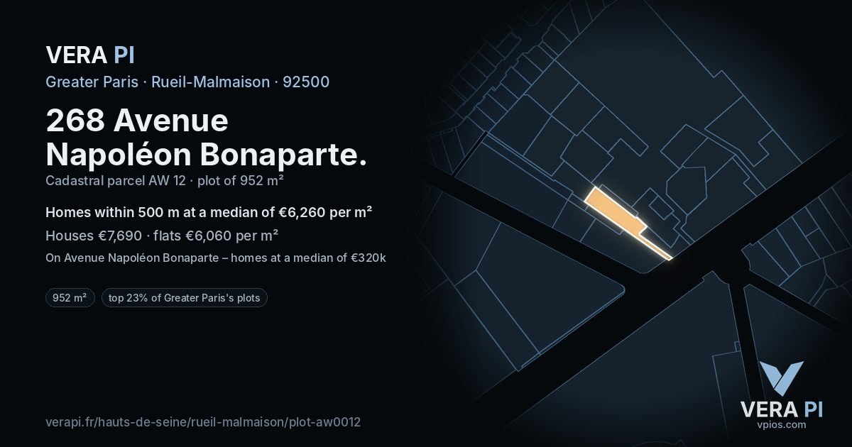 268 Avenue Napoléon Bonaparte, Rueil-Malmaison at night – the plot lit, the parcels around coloured by the prices near them