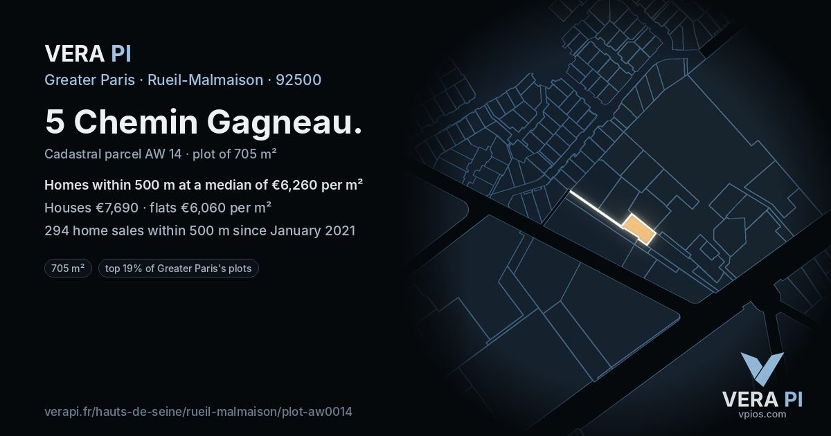 5 Chemin Gagneau, Rueil-Malmaison at night – the plot lit, the parcels around coloured by the prices near them