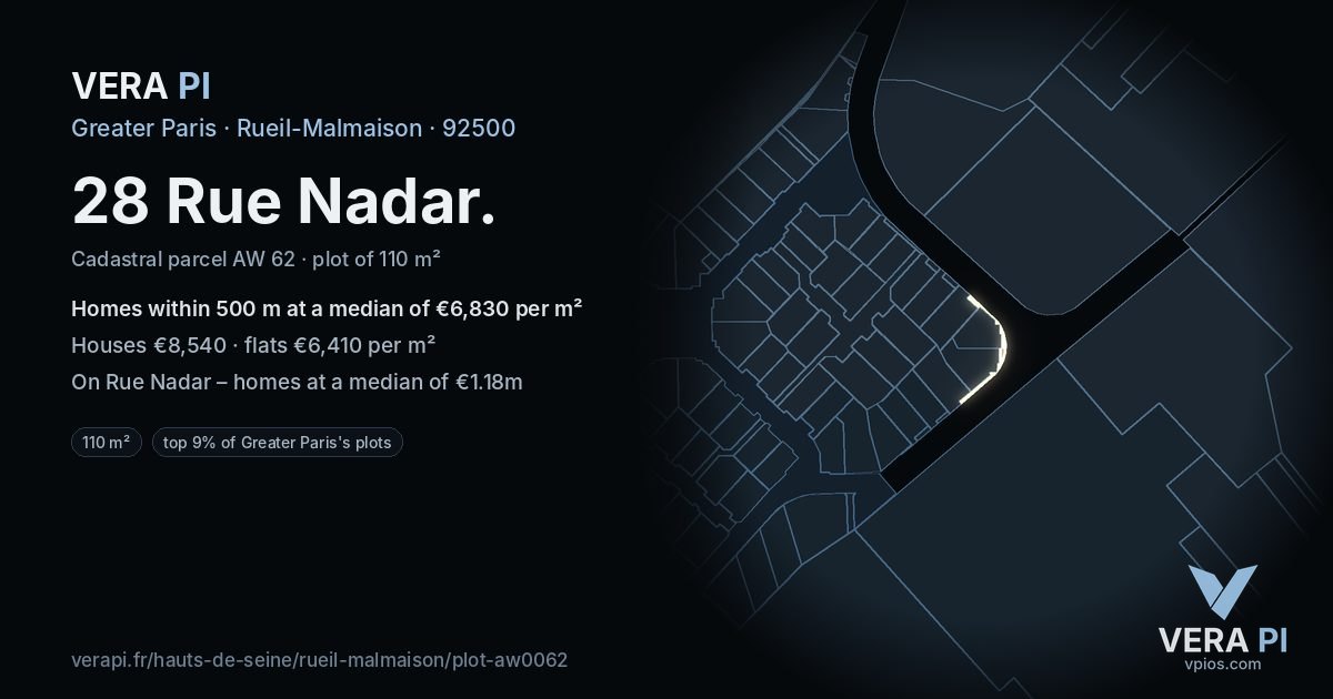 28 Rue Nadar, Rueil-Malmaison at night – the plot lit, the parcels around coloured by the prices near them