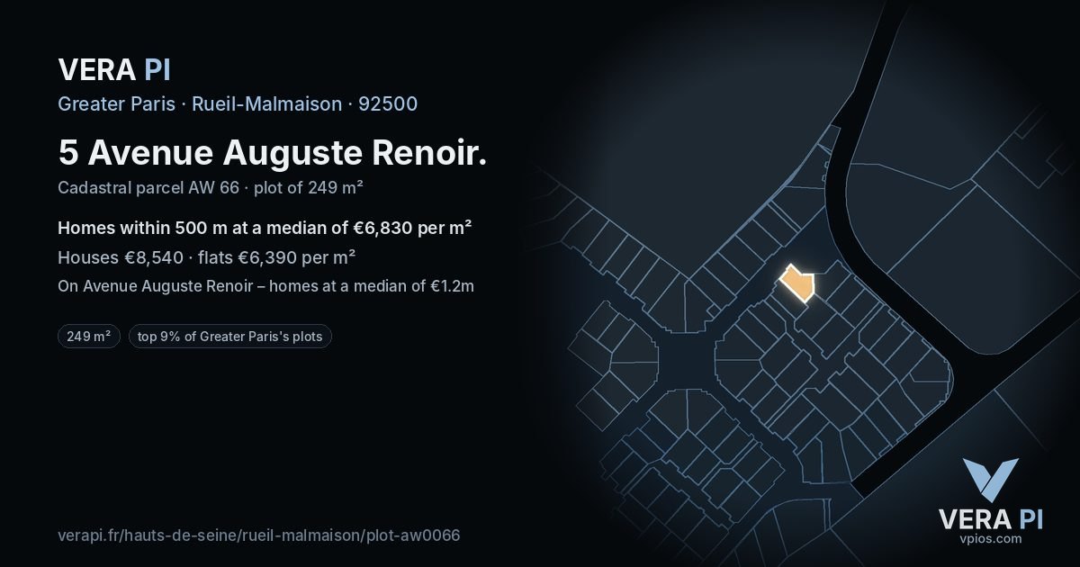 5 Avenue Auguste Renoir, Rueil-Malmaison at night – the plot lit, the parcels around coloured by the prices near them
